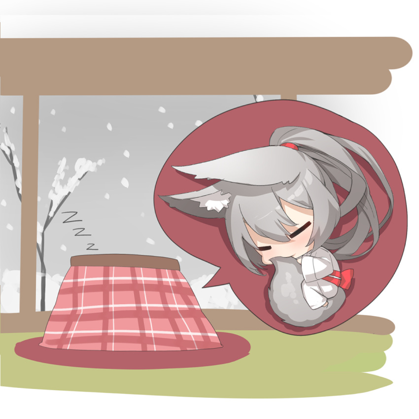 1girl animal_ear_fluff animal_ears bangs bare_tree biting chibi closed_eyes commentary_request fox_ears fox_girl fox_tail grey_hair hair_between_eyes highres japanese_clothes kimono kotatsu long_hair long_sleeves lying obi on_side original ponytail sash snow snowing solo table tail tail_biting tree under_kotatsu under_table very_long_hair white_kimono wide_sleeves yuuji_(yukimimi) zzz