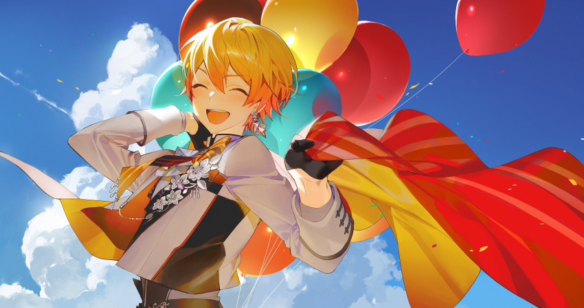 1boy ^_^ absurdres balloon bangs black_gloves black_pants black_shirt blonde_hair blue_sky blush closed_eyes clouds collared_shirt day earrings flower gloves gradient_hair highres holding jewelry long_sleeves multicolored_hair open_mouth orange_hair outdoors pants project_sekai shinonome_akito shirt short_hair shycocoa sky smile solo standing teeth two-tone_shirt upper_body upper_teeth_only white_flower white_shirt white_sleeves