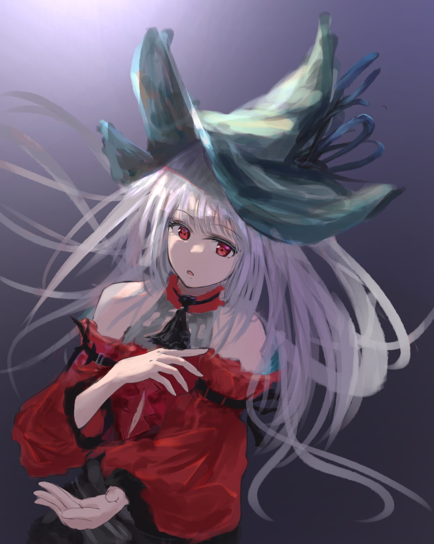 1girl alc.3vol aqua_headwear arknights arm_up bangs bare_shoulders dress grey_background grey_hair hat highres long_hair looking_at_viewer official_alternate_costume open_mouth red_dress red_eyes skadi_(arknights) skadi_the_corrupting_heart_(arknights) solo upper_body wide_sleeves witch_hat