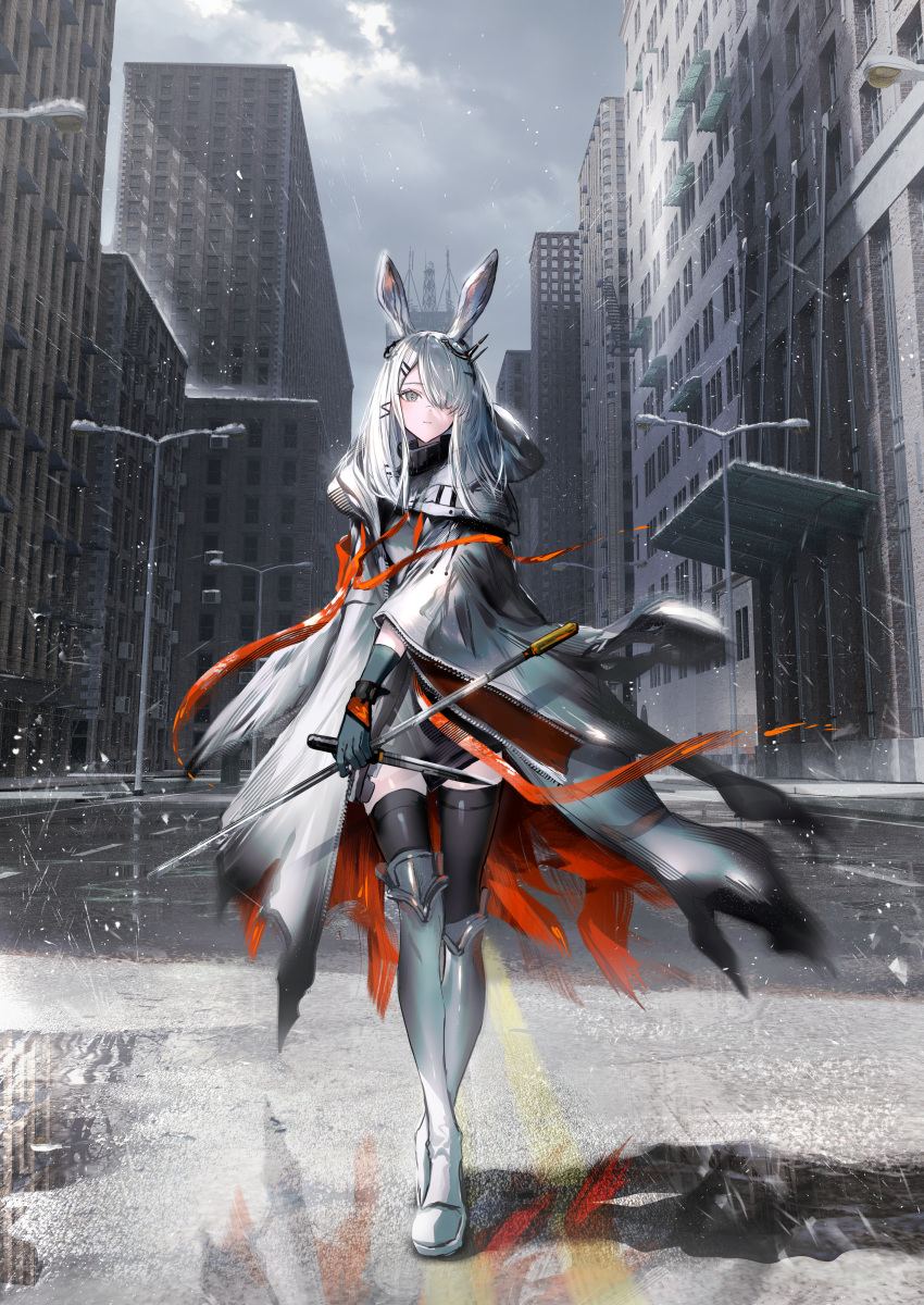 1girl absurdres animal_ears arknights armored_boots black_gloves black_thighhighs boots coat day ear_ornament frostnova_(arknights) full_body gloves grey_eyes grey_sky hair_ornament hair_over_one_eye hairclip highres holding holding_sword holding_weapon lamppost long_hair looking_at_viewer nanaponi outdoors overcast rabbit_ears scar scar_on_face scar_on_nose snow solo standing sword thigh-highs weapon white_coat white_hair