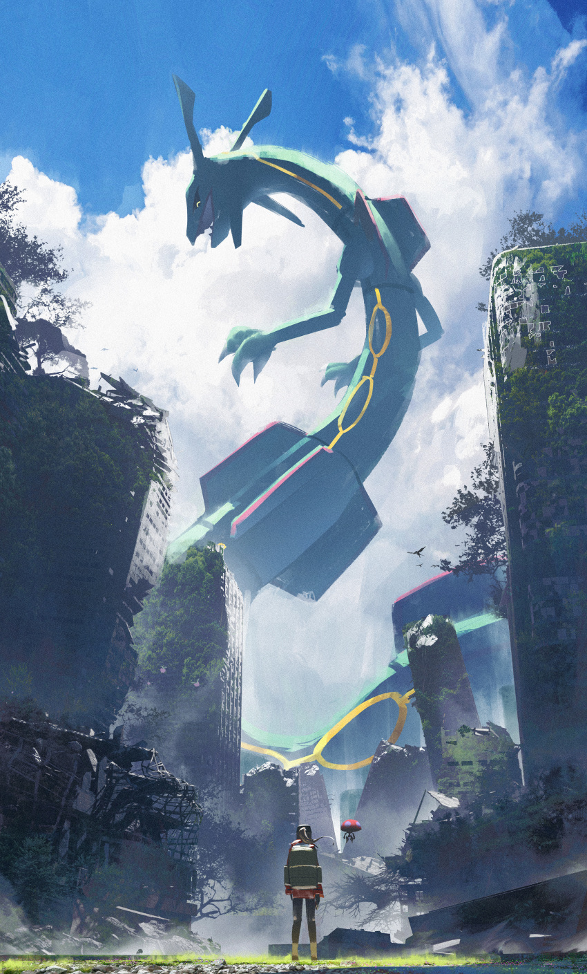 1girl absurdres asteroid_ill backpack bag bird blue_sky clouds grass highres orbeetle pokemon ponytail post-apocalypse rayquaza ruins scenery sky tree