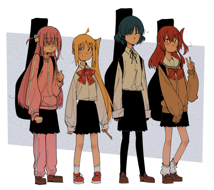 3: 4girls :| ahoge ankle_socks arms_at_sides bangs black_pantyhose black_ribbon black_skirt blonde_hair blue_hair blunt_bangs blunt_tresses blush bocchi_the_rock! border bow bowtie brown_cardigan brown_eyes brown_footwear c: cardigan clenched_hands closed_mouth collarbone collared_shirt cube_hair_ornament dark_blue_hair drumsticks expressionless full_body furrowed_brow gotou_hitori green_eyes grey_background guitar_case gutalalaman hair_between_eyes hair_ornament hair_over_eyes hand_up high_collar highres holding holding_drumsticks ijichi_nijika instrument_case instrument_on_back jacket kita_ikuyo legs_apart lineup loafers long_bangs long_hair long_sleeves looking_at_viewer loose_socks miniskirt mole mole_under_eye multiple_girls neck_ribbon nervous one_side_up outside_border pants pants_under_skirt pantyhose pink_hair pink_jacket pink_nails pink_pants pink_track_suit pleated_skirt polka_dot polka_dot_bow polka_dot_bowtie puffy_long_sleeves puffy_sleeves red_bow red_bowtie red_footwear redhead ribbon sailor_collar sanpaku school_uniform scrunchie serafuku shirt shirt_tucked_in shoelaces shoes short_hair side_ponytail skirt sleeves_past_wrists smile sneakers socks standing sweat toon_(style) track_jacket track_pants track_suit v very_long_hair white_border white_sailor_collar white_shirt white_socks wing_collar yamada_ryou yellow_eyes yellow_scrunchie zipper_pull_tab