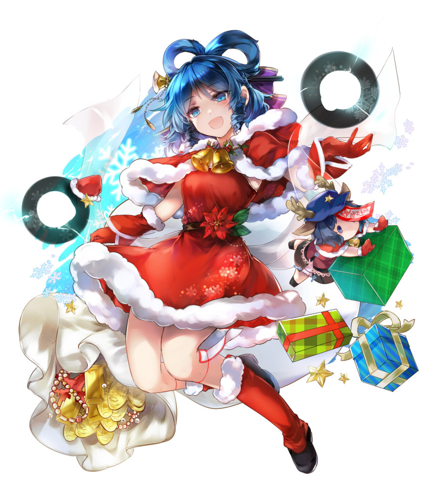 1girl :d animal_ears antlers blue_eyes blue_hair box cabbie_hat capelet chisel deer_ears doll dress drill_locks full_body fur_trim gift gift_box gloves hair_ornament hair_rings hair_stick hat hat_ornament highres kaku_seiga kutsuki_kai looking_at_viewer miyako_yoshika ofuda open_mouth purple_headwear red_capelet red_dress red_gloves reindeer_antlers sack santa_costume santa_hat smile solo star_(symbol) star_hat_ornament touhou