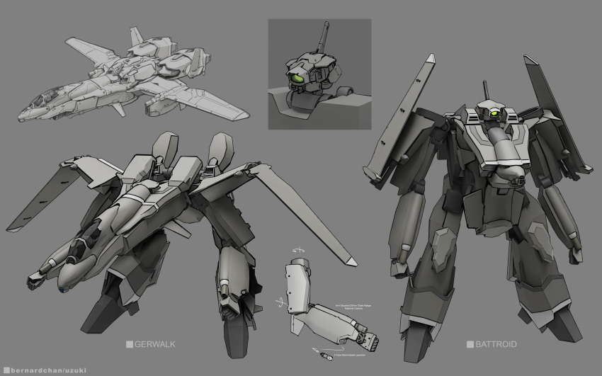 a-10_thunderbolt_ii absurdres aircraft airplane arm_cannon battroid comparison concept_art english_commentary english_text fighter_jet gerwalk highres jet logo machinery macross mecha military military_vehicle no_humans official_style original real_life realistic redesign robot science_fiction signature transformation uzuki_(artist) variable_fighter weapon