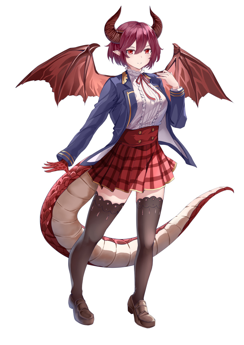 1girl absurdres blue_jacket breasts brown_footwear brown_thighhighs cygames dragon_girl dragon_horns dragon_tail dragon_wings frilled_shirt frills granblue_fantasy grea_(shingeki_no_bahamut) highres horns jacket kaijiba neck_ribbon plaid plaid_skirt pointy_ears red_eyes red_ribbon red_skirt redhead ribbon shirt skirt solo tail thigh-highs uniform white_shirt wings zettai_ryouiki