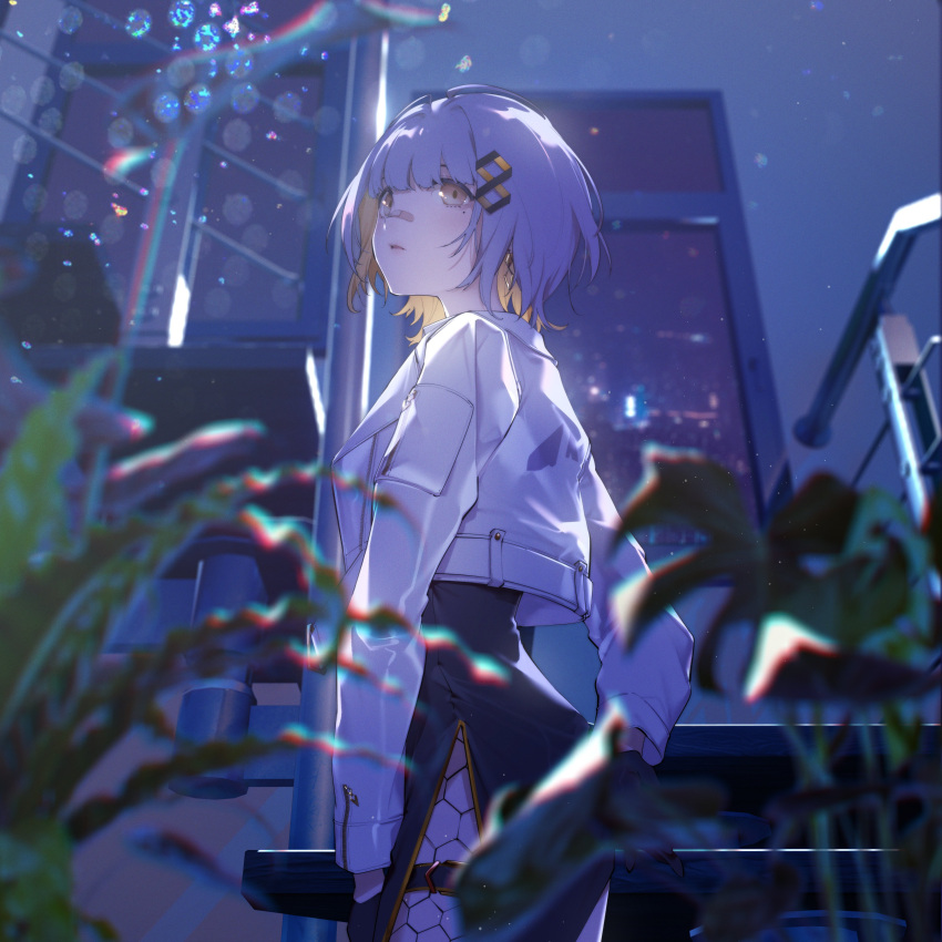 1girl absurdres bandage_on_face bandages bangs black_dress black_gloves blunt_bangs blurry blurry_foreground building cropped_jacket dress from_below from_side gloves grey_hair hair_ornament highres looking_to_the_side mole mole_under_eye multicolored_hair night night_sky original plant shiomi_(lowrise) short_hair side_slit sidelocks sky solo thigh_strap yellow_background