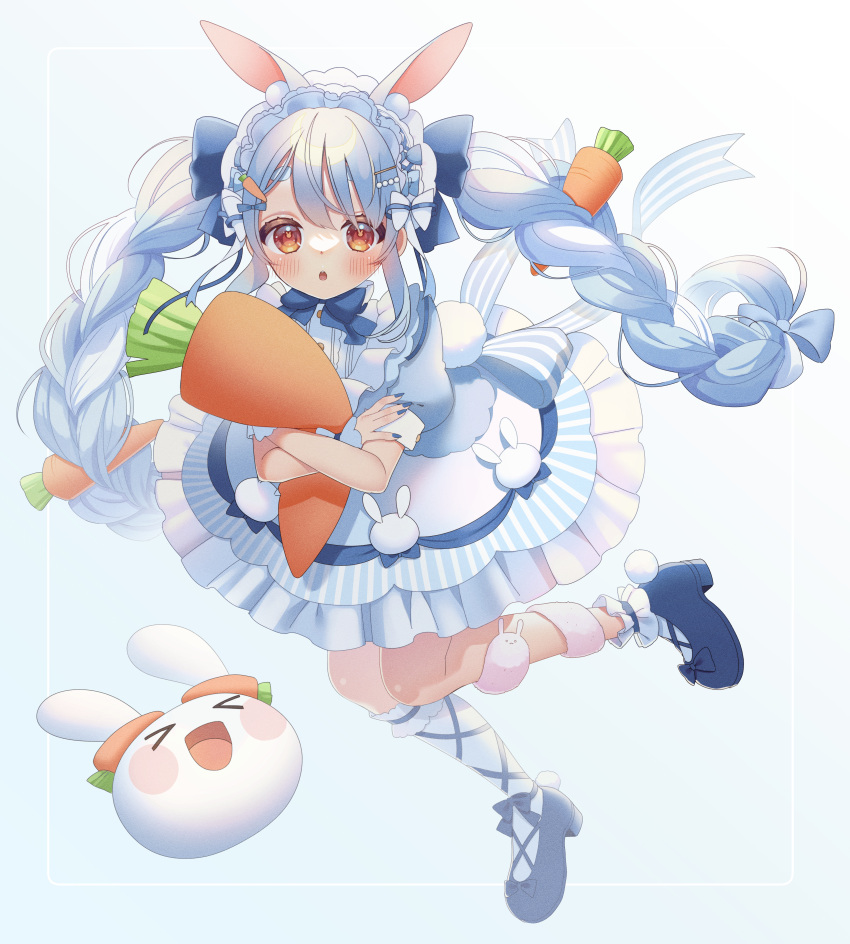 1girl absurdres animal_ears blue_dress blue_hair blush braid dress full_body highres hololive lolita_fashion long_hair looking_at_viewer nail_polish orange_eyes rabbit_ears rabbit_girl short_sleeves solo stuffed_animal stuffed_bunny stuffed_carrot stuffed_toy twin_braids usada_pekora uu3cm virtual_youtuber white_background