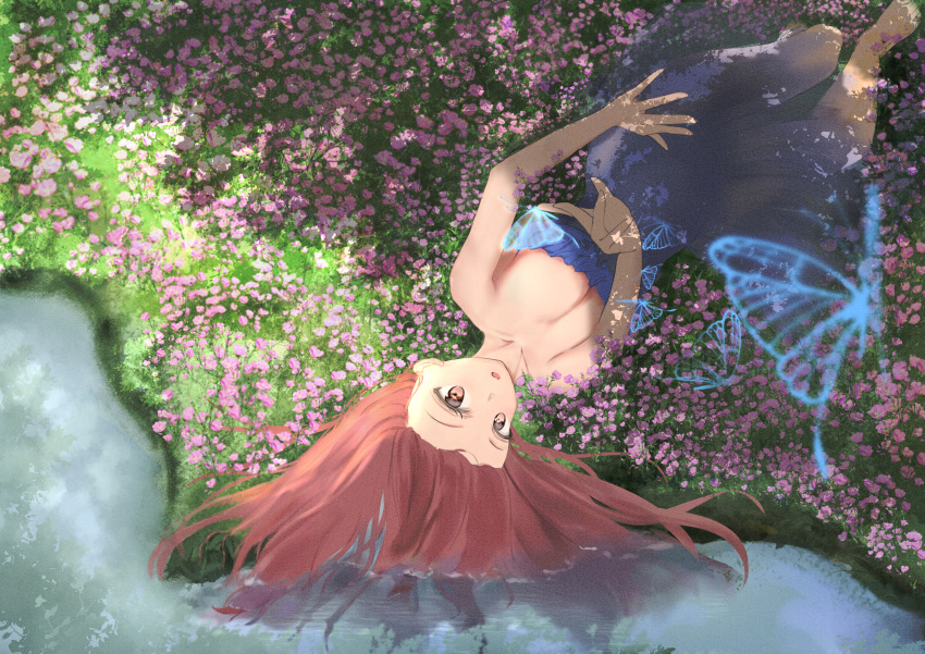 1girl absurdres alc.3vol bangs bare_shoulders blue_butterfly blue_dress breasts brown_eyes brown_hair bug butterfly dress feet_out_of_frame field flower flower_field highres long_hair looking_at_viewer lying medium_breasts on_back on_ground open_mouth original river solo water