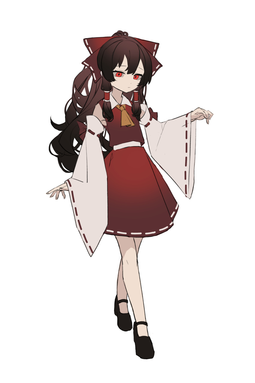 1girl absurdres ascot bangs black_footwear black_hair bow brown_hair closed_mouth clynxen detached_sleeves english_commentary full_body hair_bow hair_tubes hakurei_reimu highres long_hair looking_down red_bow red_eyes red_skirt ribbon-trimmed_skirt ribbon-trimmed_sleeves ribbon_trim sidelocks simple_background skirt solo touhou white_background wide_sleeves yellow_ascot