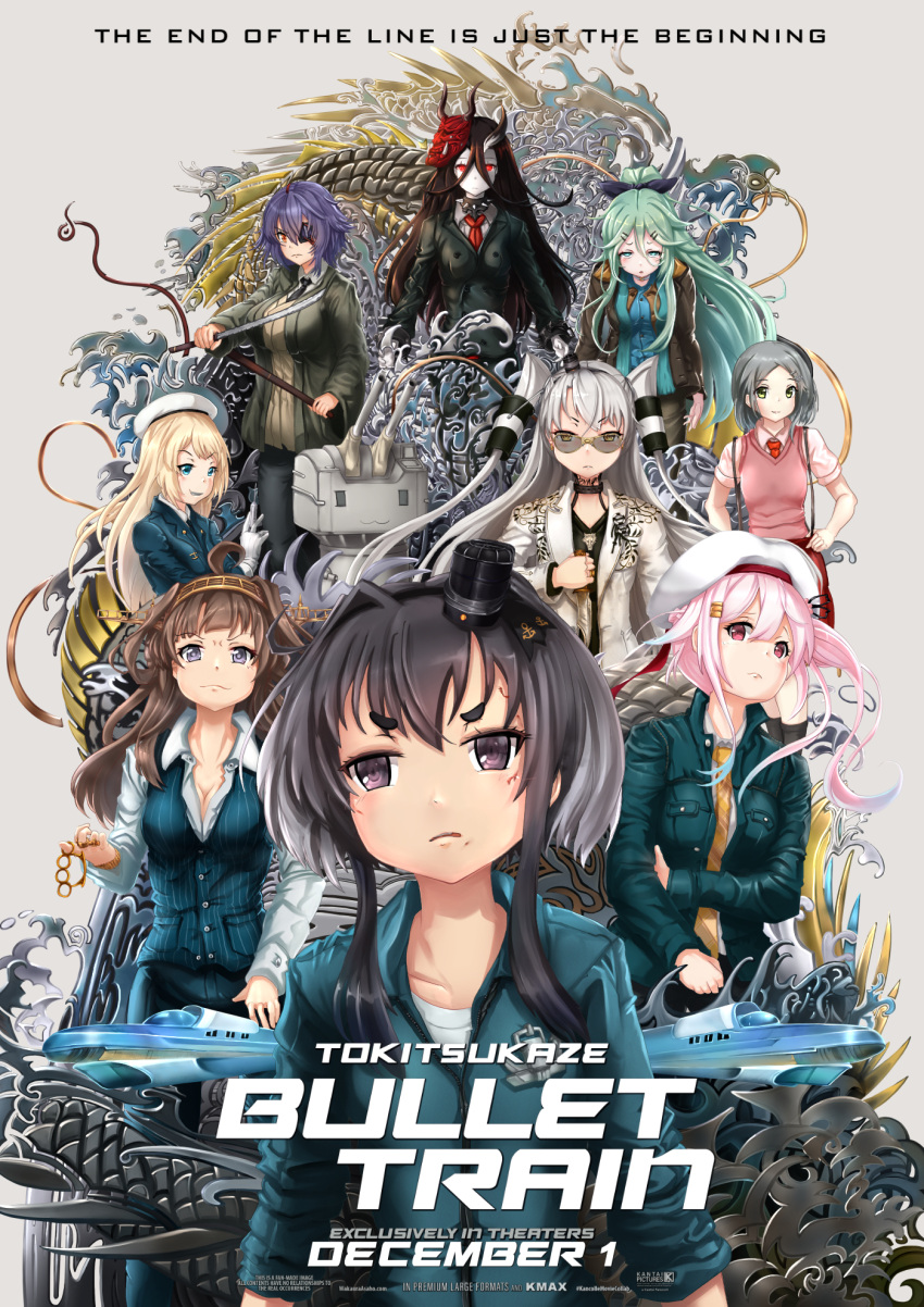 6+girls abyssal_ship ahoge alternate_costume amatsukaze_(kancolle) battleship_water_oni beret black_hair black_necktie black_suit blonde_hair blue_eyes blue_hair blue_jacket blue_pants blue_vest brass_knuckles breasts brown_eyes brown_hair bullet_train_(movie) colored_skin commentary_typo double_bun english_commentary english_text eyepatch formal gloves gold_necktie gradient_hair green_eyes green_jacket grey_hair hair_between_eyes hair_bun hair_flaps hair_ornament hair_tubes hairband hairclip harusame_(kancolle) hat headgear highres holding holding_sword holding_weapon horns jacket jervis_(kancolle) kantai_collection katana kongou_(kancolle) kongou_kai_ni_(kancolle) kuroshio_(kancolle) large_breasts long_hair long_sleeves mask mask_on_head medium_breasts mini_hat multicolored_hair multiple_girls necktie oni_mask pants parody pink_hair pink_vest purple_hair red_eyes red_necktie rensouhou-kun shirt short_hair short_hair_with_long_locks side_ponytail sidelocks single_horn striped striped_pants striped_vest suit sword tenryuu_(kancolle) tokitsukaze_(kancolle) two_side_up vertical-striped_pants vertical-striped_vest vertical_stripes very_long_hair vest violet_eyes wakaura_asaho weapon white_gloves white_hair white_headwear white_jacket white_shirt white_skin yamakaze_(kancolle) yellow_eyes yellow_necktie
