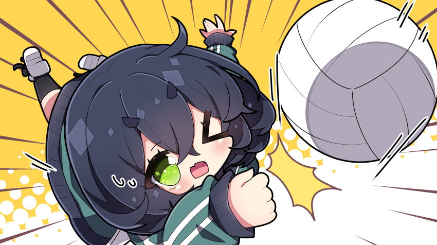 &gt;_o 1girl ^^^ bangs black_hair black_socks blush chibi clenched_hand commentary_request emphasis_lines fang green_jacket hair_between_eyes halftone halftone_background highres jacket kyoumachi_seika long_sleeves milkpanda one_eye_closed open_mouth puffy_long_sleeves puffy_sleeves shoe_soles short_eyebrows sleeves_past_wrists socks solo speed_lines sweat thick_eyebrows track_jacket two-tone_background voiceroid volleyball white_background white_footwear yellow_background