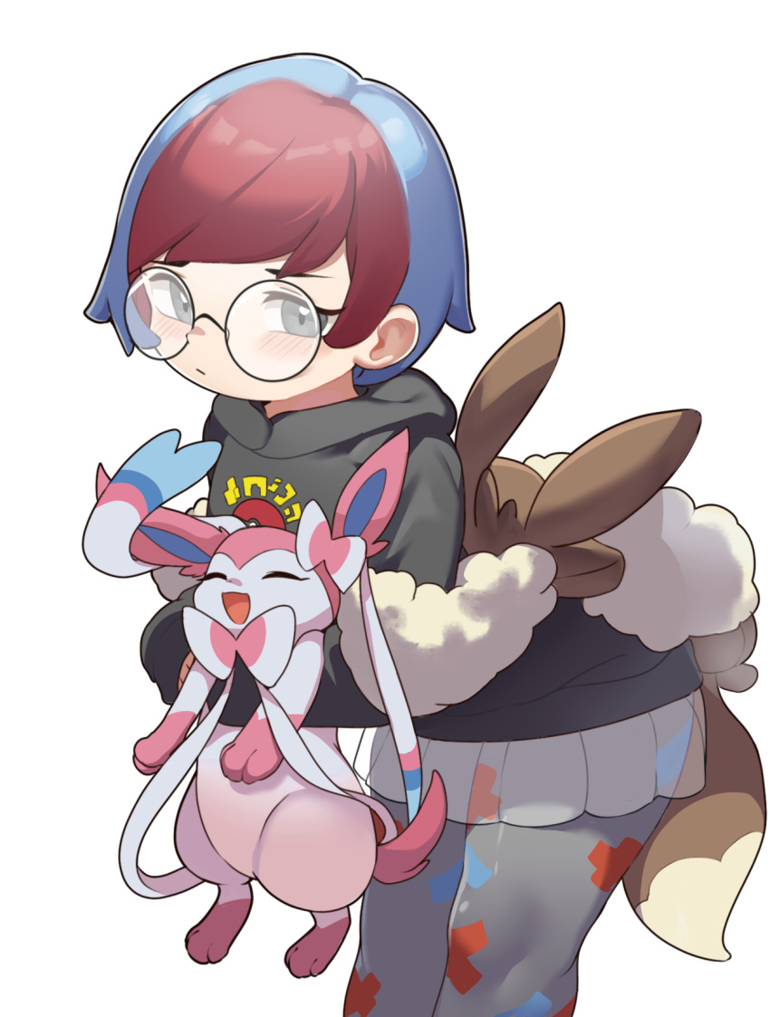 1girl backpack bag bangs blue_hair blush brown_bag closed_mouth commentary_request glasses grey_eyes grey_pantyhose highres holding holding_pokemon hood hoodie leaning_forward long_sleeves multicolored_hair pantyhose penny_(pokemon) poke_ball_print pokemon pokemon_(creature) pokemon_(game) pokemon_sv redhead round_eyewear sakurami_sumi see-through see-through_skirt simple_background skirt sleeves_past_wrists sylveon two-tone_hair white_background