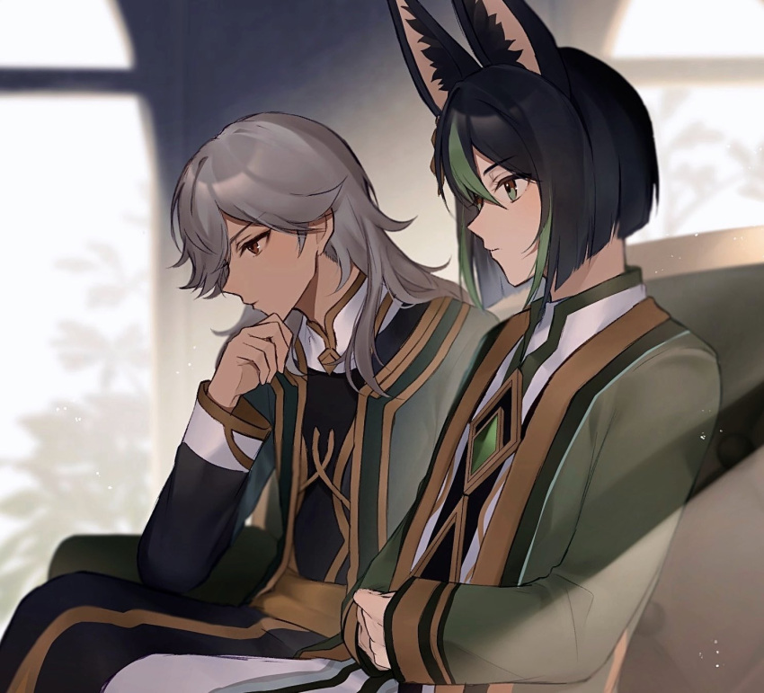 2boys alternate_costume animal_ear_fluff animal_ears bangs black_hair blunt_ends blurry blurry_background brown_eyes closed_mouth commentary_request cyno_(genshin_impact) dark-skinned_male dark_skin expressionless eyelashes fox_ears gem genshin_impact gold_trim green_eyes green_hair green_robe grey_hair hair_between_eyes hair_over_one_eye hand_on_own_chin hand_up highres indoors light_particles long_hair long_sleeves looking_ahead looking_down maco2329 male_focus multicolored_eyes multicolored_hair multiple_boys open_clothes open_robe parted_bangs profile red_eyes robe shirt short_hair sidelocks sitting streaked_hair swept_bangs thinking tighnari_(genshin_impact) window