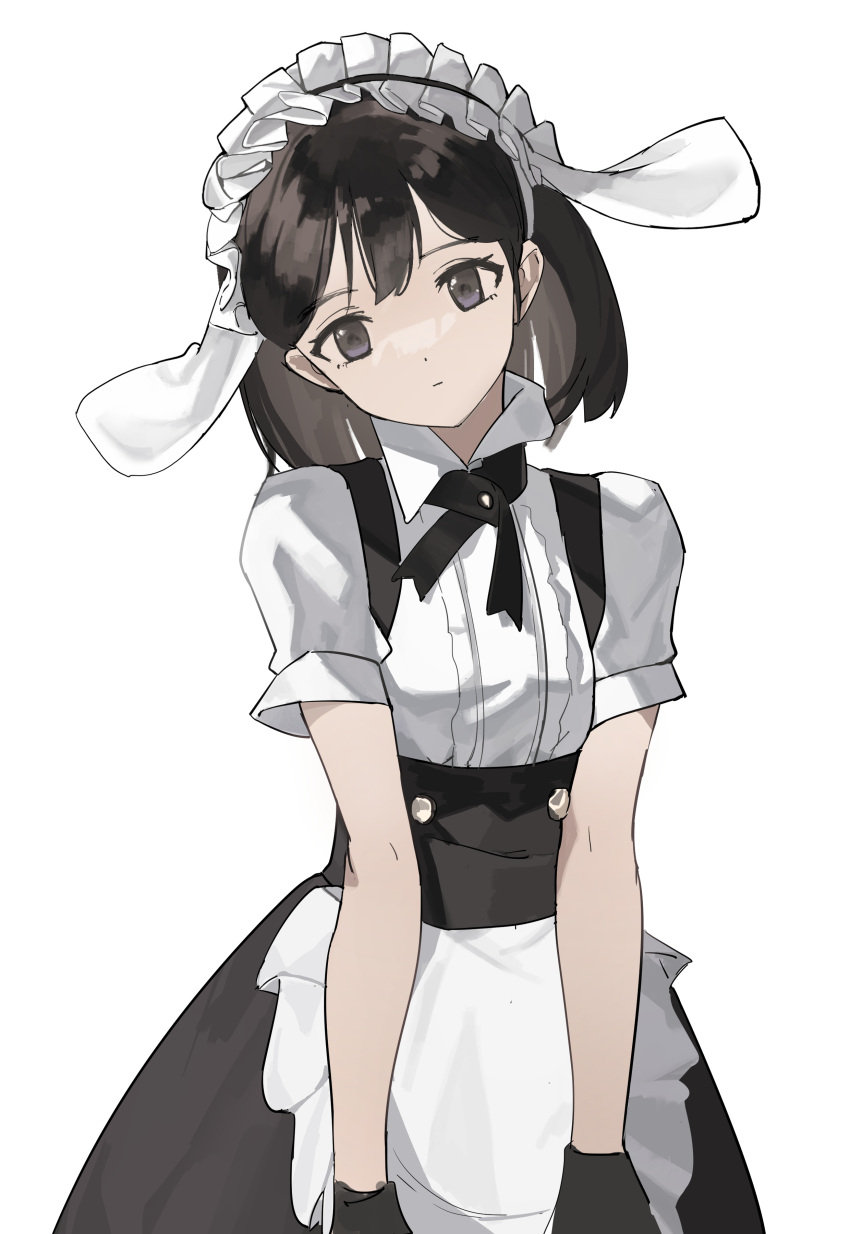 1girl absurdres apron bangs black_dress black_eyes black_gloves black_hair black_ribbon breasts buttons chinese_commentary closed_mouth collared_shirt commentary_request cowboy_shot dress expressionless frilled_apron frilled_hairband frills gloves hairband head_tilt highres looking_at_viewer maid mixed-language_commentary nai_gai neck_ribbon original partial_commentary pinafore_dress ribbon shirt short_hair short_sleeves simple_background sleeveless sleeveless_dress small_breasts solo standing waist_apron white_apron white_background white_shirt