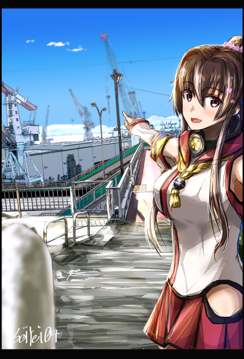 1girl blue_sky blush breasts bridge brown_eyes brown_hair building cherry_blossoms crane_(machine) gold_necklace hair_over_shoulder hair_ribbon highres imperial_japanese_navy japanese_clothes jewelry kantai_collection lamp large_breasts long_hair looking_to_the_side necklace open_mouth pointing ponytail red_sailor_collar red_skirt ribbon sailor_collar seitei_(04seitei) ship skirt sky smile watercraft yamato_(kancolle)