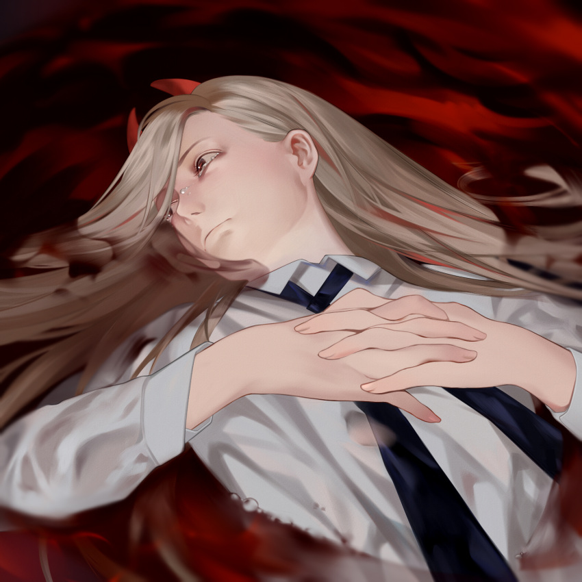 1girl blonde_hair blood blue_necktie chainsaw_man crying crying_with_eyes_open erzkou highres horns liquid long_hair long_sleeves looking_to_the_side lying necktie on_back own_hands_together partially_submerged power_(chainsaw_man) red_background shirt solo tears upper_body white_shirt