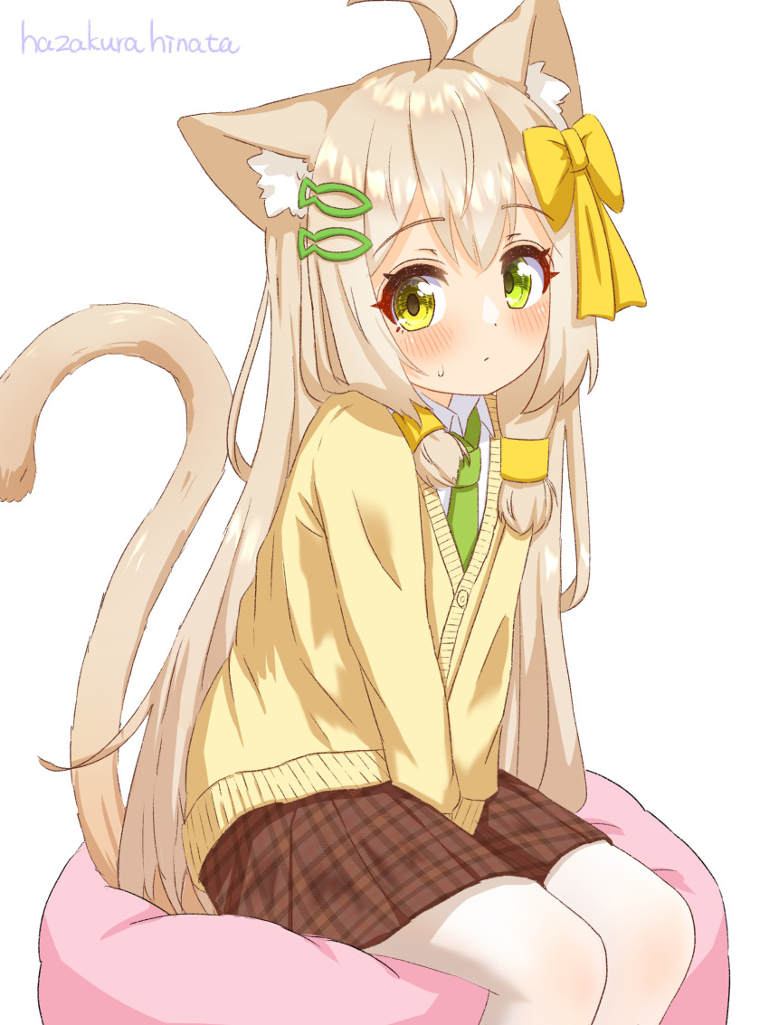 1girl absurdres ahoge animal_ear_fluff animal_ears artist_name bangs between_legs blonde_hair blush bow brown_skirt cardigan cat_ears cat_girl cat_tail closed_mouth collared_shirt commentary_request cushion dot_mouth fish_hair_ornament flat_chest green_eyes green_necktie hair_bow hair_ornament hairclip hand_between_legs have_to_pee hazakura_hinata highres legs_together long_hair long_sleeves looking_at_viewer miniskirt necktie original pantyhose plaid plaid_skirt pleated_skirt school_uniform shiny shiny_hair shirt sidelocks signature simple_background sitting skirt solo sweat tail tail_raised textless_version v_arms white_background white_pantyhose white_shirt yellow_bow yellow_cardigan