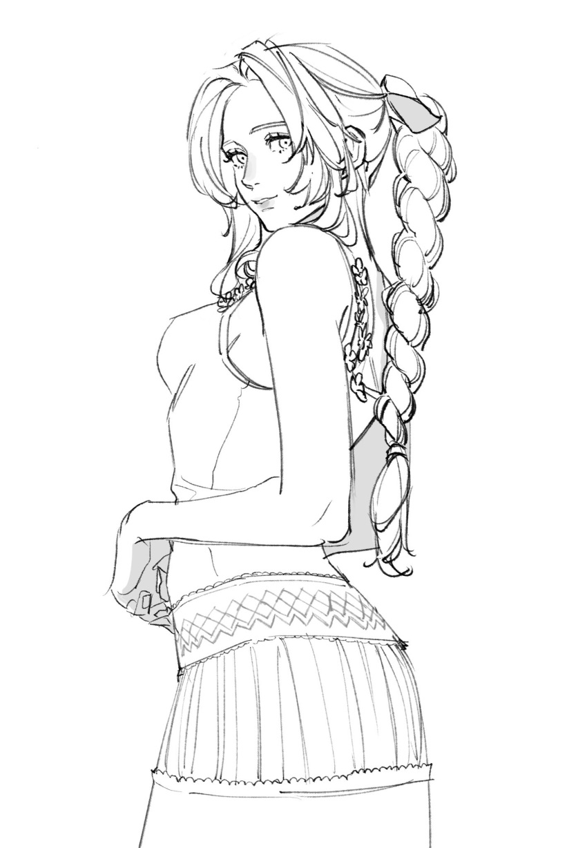 1girl aerith_gainsborough arched_back bangs bare_arms bare_shoulders braid braided_ponytail breasts cowboy_shot crisis_core_final_fantasy_vii dress final_fantasy final_fantasy_vii greyscale hair_ribbon highres lineart long_hair looking_at_viewer medium_breasts monochrome oimo_(oimkimn) parted_bangs parted_lips ribbon sidelocks sleeveless sleeveless_dress solo sundress white_background white_dress