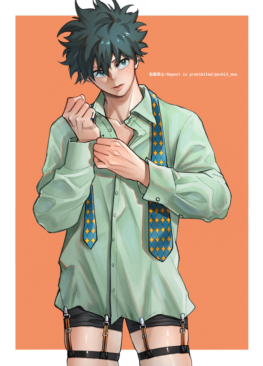 1boy absurdres alternate_costume bangs black_shorts boku_no_hero_academia border clenched_hand closed_mouth collarbone collared_shirt dress_shirt freckles green_eyes green_hair green_necktie grey_shirt hands_up highres male_focus midoriya_izuku necktie orange_background shiny shiny_hair shiny_skin shirt short_hair shorts solo thigh_strap undone_necktie ushi3_moo white_border