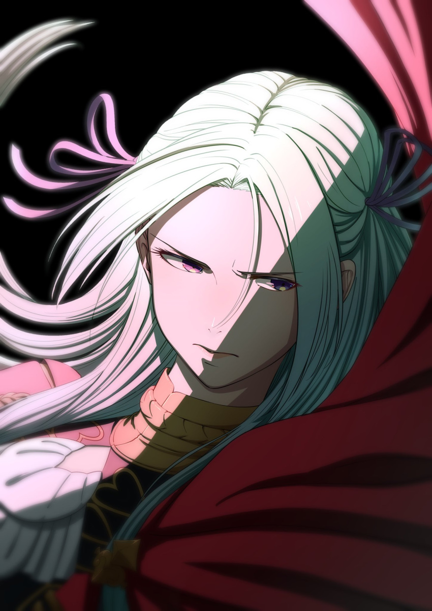 1girl aduti_momoyama black_background cape closed_mouth edelgard_von_hresvelg eyelashes fire_emblem fire_emblem:_three_houses floating_hair frown garreg_mach_monastery_uniform hair_intakes hair_ribbon highres long_hair pink_lips purple_ribbon red_cape ribbon simple_background solo turtleneck uniform upper_body v-shaped_eyebrows violet_eyes white_hair