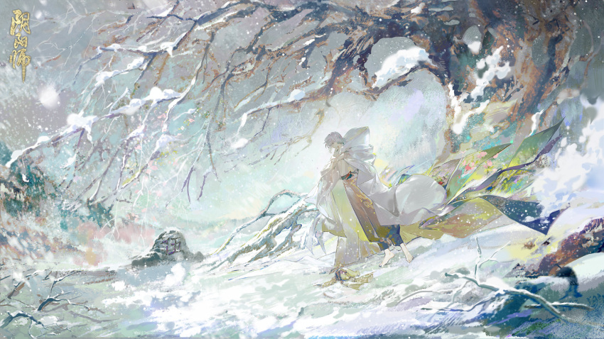 highres japanese_clothes official_art onmyoji snowing solo standing white_hair