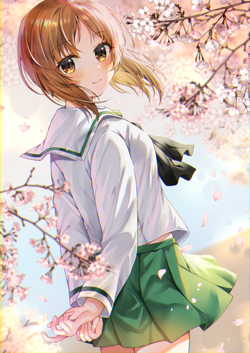1girl absurdres arms_behind_back bangs black_neckerchief blouse brown_eyes brown_hair cherry_blossoms commentary_request commission cowboy_shot day dutch_angle from_side girls_und_panzer green_skirt highres long_sleeves looking_at_viewer looking_back miniskirt neckerchief nishizumi_miho ooarai_school_uniform open_mouth outdoors own_hands_together partial_commentary pleated_skirt sailor_collar school_uniform serafuku shirt short_hair skeb_commission skirt smile solo spring_(season) tree white_sailor_collar white_shirt wind yam_(yamap_mako)