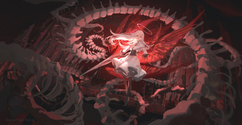 1girl absurdres bangs black_gloves blood celestial_fang closed_mouth dress floating_hair gloves hair_between_eyes halo highres holding holding_sword holding_weapon long_hair long_sleeves looking_at_viewer original pantyhose red_background red_eyes smile sword tail weapon white_dress white_hair