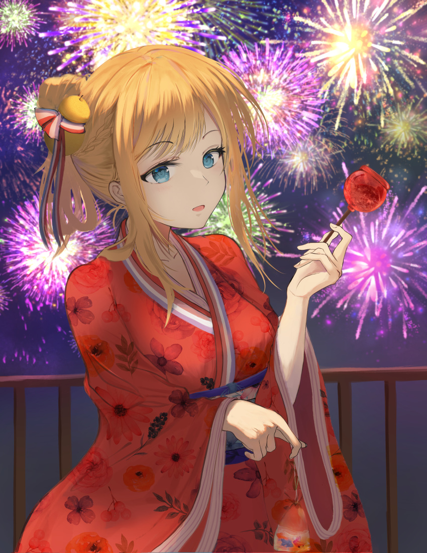 1girl :o absurdres alc.3vol bangs blonde_hair blue_eyes braid breasts candy commentary fireworks food fran_(shironeko_project) french_braid hair_bun hair_ribbon highres holding holding_candy holding_food japanese_clothes kimono long_hair looking_at_viewer open_mouth red_kimono ribbon shironeko_project single_hair_bun solo standing yukata