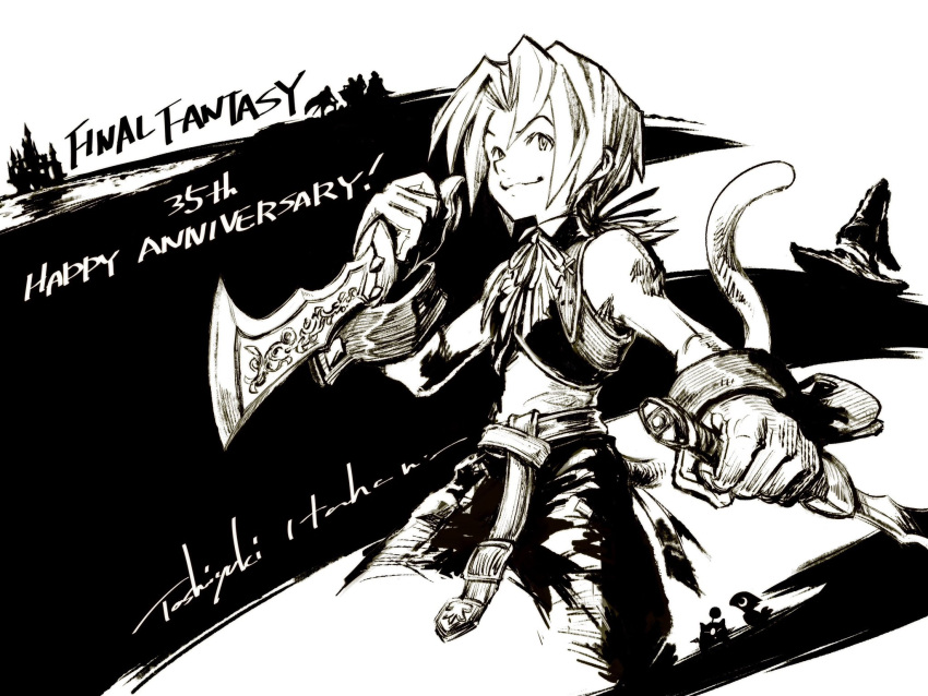 1boy bangs cowboy_shot cropped_vest dagger dual_wielding fighting_stance final_fantasy final_fantasy_ix gloves greyscale high_contrast highres holding holding_dagger holding_knife holding_weapon itahana_toshiyuki knife looking_at_viewer low_ponytail male_focus monkey_tail monochrome parted_bangs shirt short_hair_with_long_locks sleeveless sleeveless_shirt smile solo tail vest weapon wrist_cuffs zidane_tribal