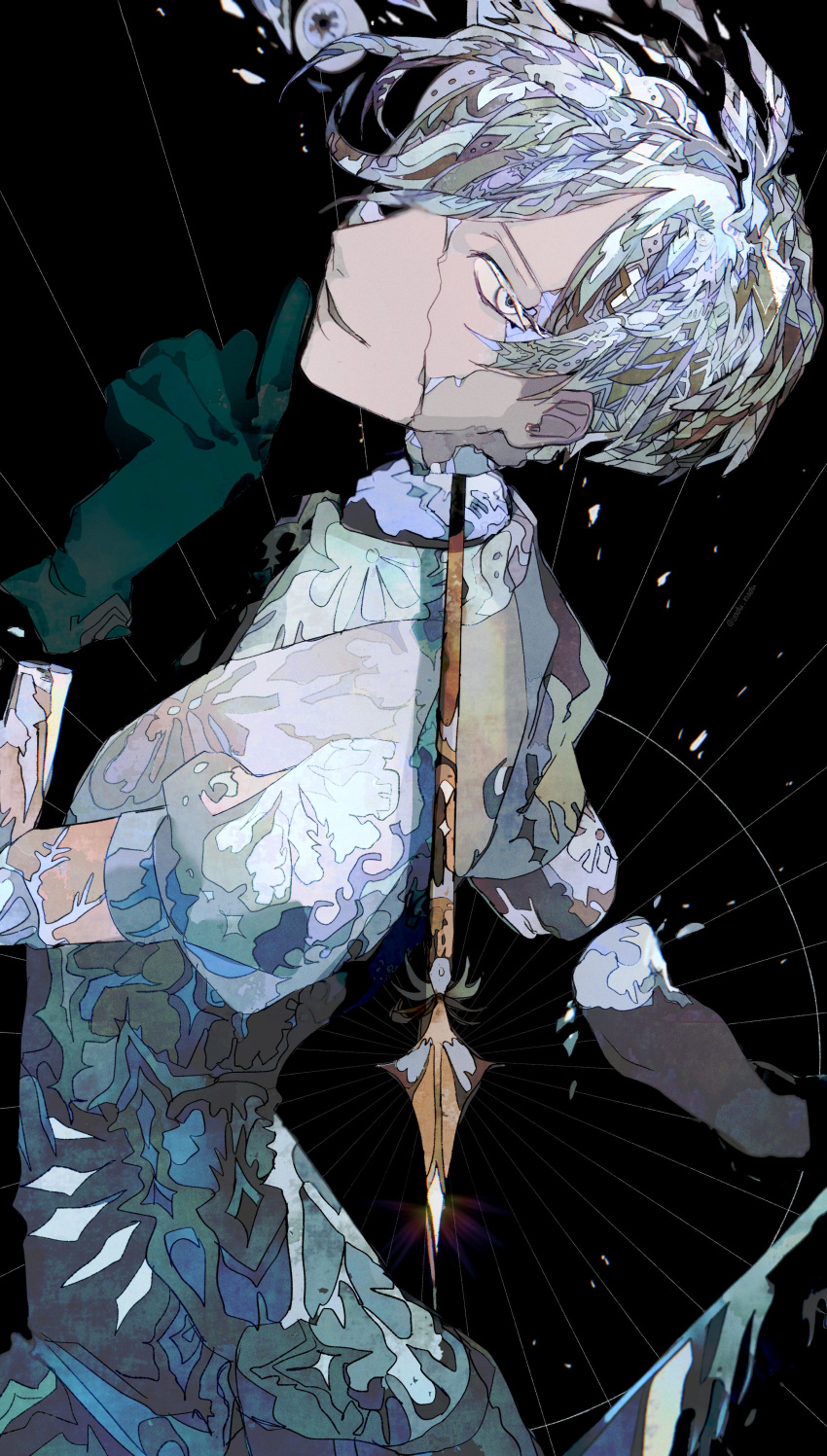 1other absurdres androgynous bangs black_background crystal_hair gloves green_gloves highres houseki_no_kuni looking_at_viewer open_mouth patterned_clothing patterned_hair phosphophyllite_(ll) shirt short_hair shorts smile solo white_eyes white_shirt white_shorts yadu_nadu