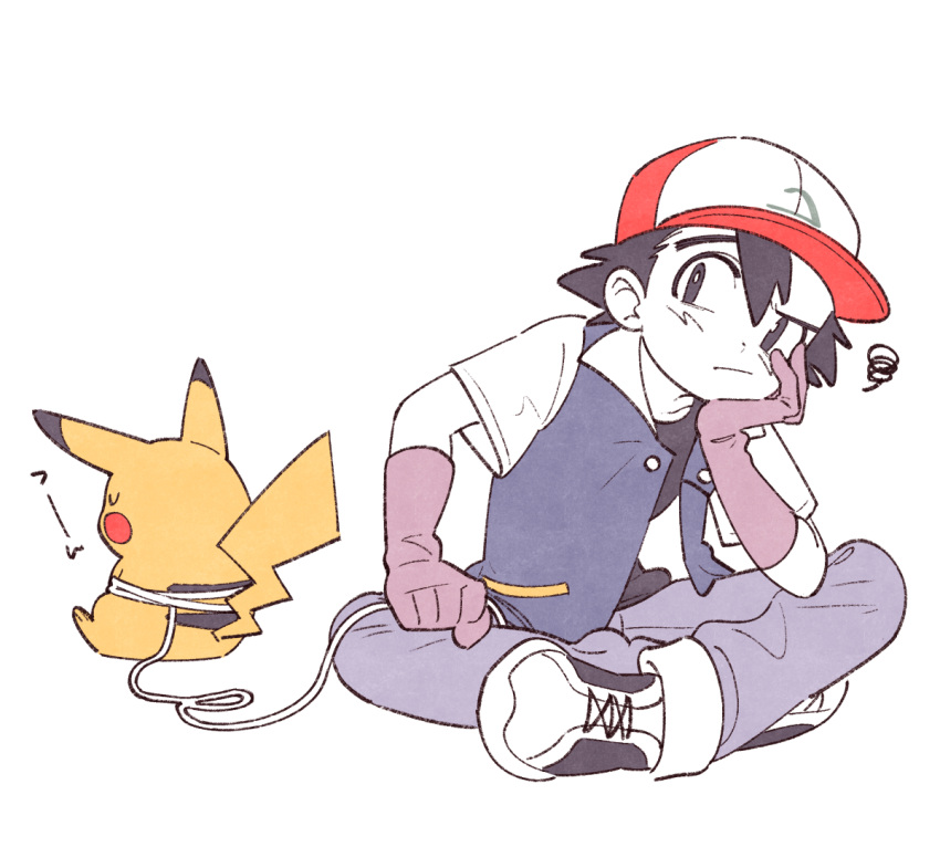 1boy ash_ketchum bangs baseball_cap black_eyes black_hair bright_pupils buttons closed_eyes closed_mouth gloves grey_pants hat holding jacket leash male_focus oharu-chan open_clothes open_jacket pants pikachu pokemon pokemon_(anime) pokemon_(classic_anime) pokemon_(creature) rubber_gloves shoes short_hair short_sleeves simple_background sitting sneakers squiggle u_u white_background white_pupils