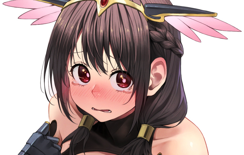 1girl bangs bare_shoulders blush brown_hair gauntlets grey_background hair_ornament highres izawa_(bhive003) kono_subarashii_sekai_ni_shukufuku_wo! looking_at_viewer lower_teeth_only medium_hair red_eyes shiny shiny_hair simple_background solo tearing_up teeth yunyun_(konosuba)