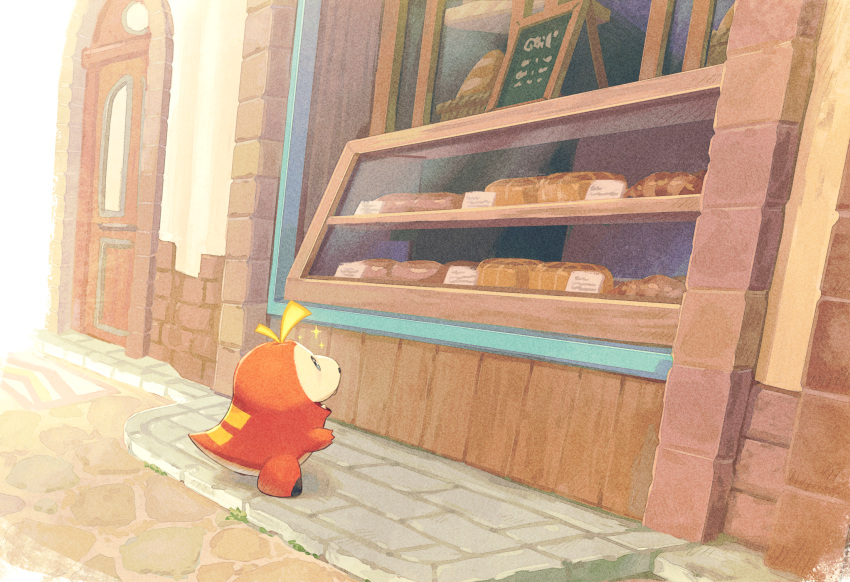 bread commentary crocodile crocodilian day door english_commentary food from_side fuecoco grey_eyes highres looking_away no_humans outdoors pokemon pokemon_(creature) profile saino solo sparkle standing storefront