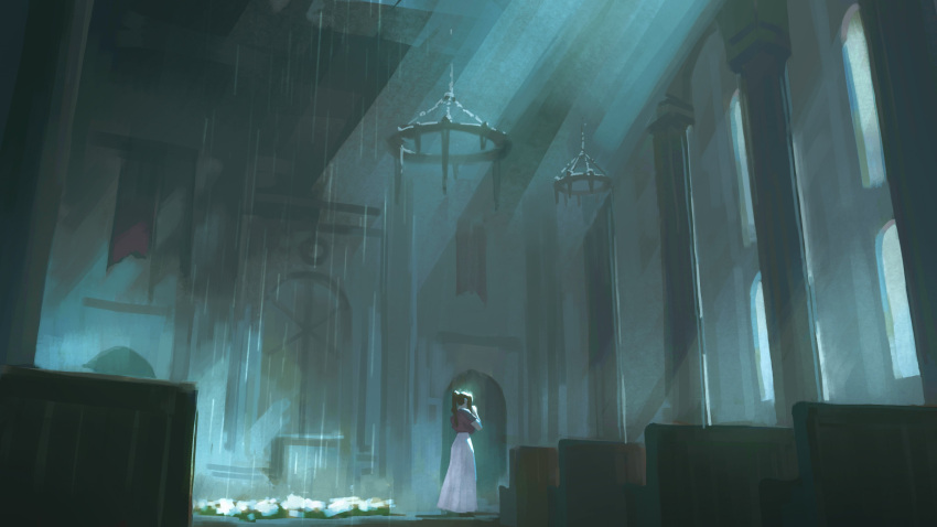 1girl absurdres aerith_gainsborough bangs bench braid braided_ponytail brown_hair chandelier church column crisis_core_final_fantasy_vii cropped_jacket dress english_commentary final_fantasy final_fantasy_vii flower highres indoors jacket jeremy_anninos light_rays long_hair parted_bangs pillar pink_dress ponytail praying rain red_jacket sidelocks solo standing water_drop