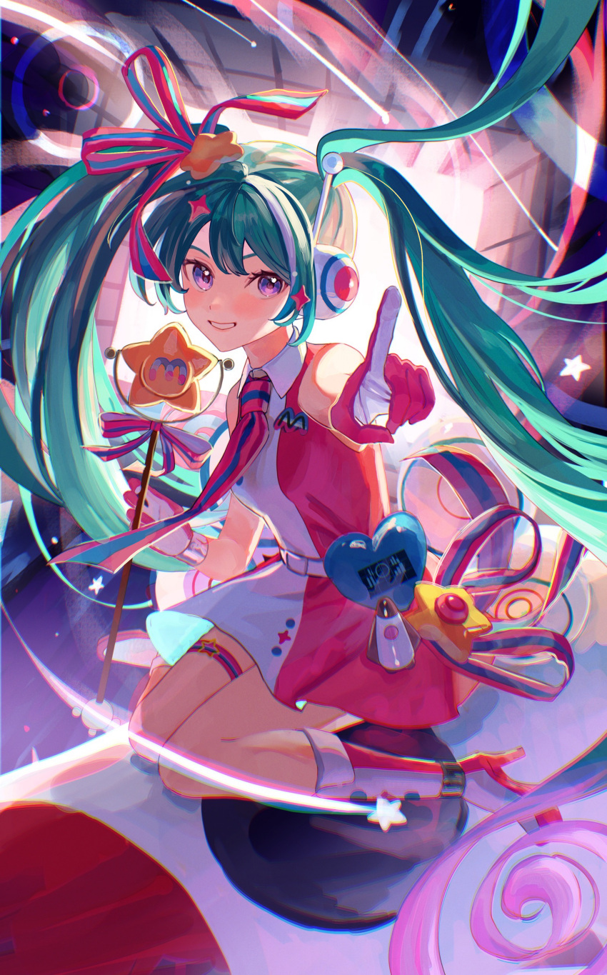 1girl absurdres bangs blue_hair blush boots collared_dress curly_hair dress gloves grin hair_ornament hair_ribbon hatsune_miku high_heel_boots high_heels highres holding holding_wand knee_boots long_hair magical_mirai_(vocaloid) magical_mirai_miku magical_mirai_miku_(2022) multicolored_hair necktie nemari_(user_wtca7244) pink_hair pointing pointing_at_viewer ribbon sitting sleeveless sleeveless_dress smile solo star_(symbol) star_hair_ornament star_wand thigh_strap twintails two-tone_hair very_long_hair violet_eyes vocaloid wand wariza