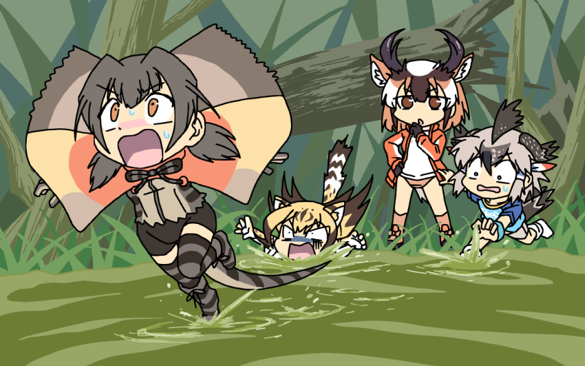 4girls animal_ears animal_print bangs bird_tail black_hair blonde_hair brown_eyes brown_hair buruma cheetah_(kemono_friends) cheetah_girl cheetah_print cheetah_tail commentary_request constricted_pupils day disgust elbow_gloves extra_ears falling fleeing frilled_lizard_(kemono_friends) gloom_(expression) gloves greater_roadrunner_(kemono_friends) grey_hair hair_tubes hand_on_hip hand_to_own_mouth hand_up horns jacket kemono_friends lizard_tail long_hair long_sleeves looking_at_another looking_down looking_up medium_hair multicolored_hair multiple_girls neck_ribbon open_clothes open_jacket orange_eyes outdoors outstretched_arms partially_submerged print_gloves pronghorn_(kemono_friends) ribbon running shirt shoes short_sleeves short_twintails shorts spread_arms srd_(srdsrd01) standing sweat t-shirt tail tail_raised thigh-highs track_jacket turn_pale twintails v-shaped_eyebrows walking walking_on_liquid white_hair wide-eyed