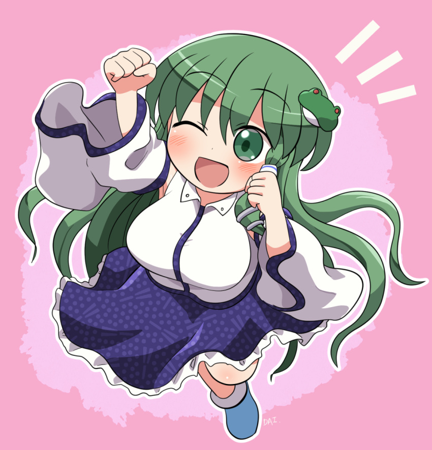 1girl arm_up blue_footwear blue_skirt blush breasts detached_sleeves frog_hair_ornament full_body green_eyes green_hair hair_ornament hair_tubes highres japanese_clothes kochiya_sanae large_breasts long_hair nontraditional_miko one_eye_closed open_mouth rokugou_daisuke shoes signature skirt smile snake_hair_ornament solo touhou white_sleeves wide_sleeves