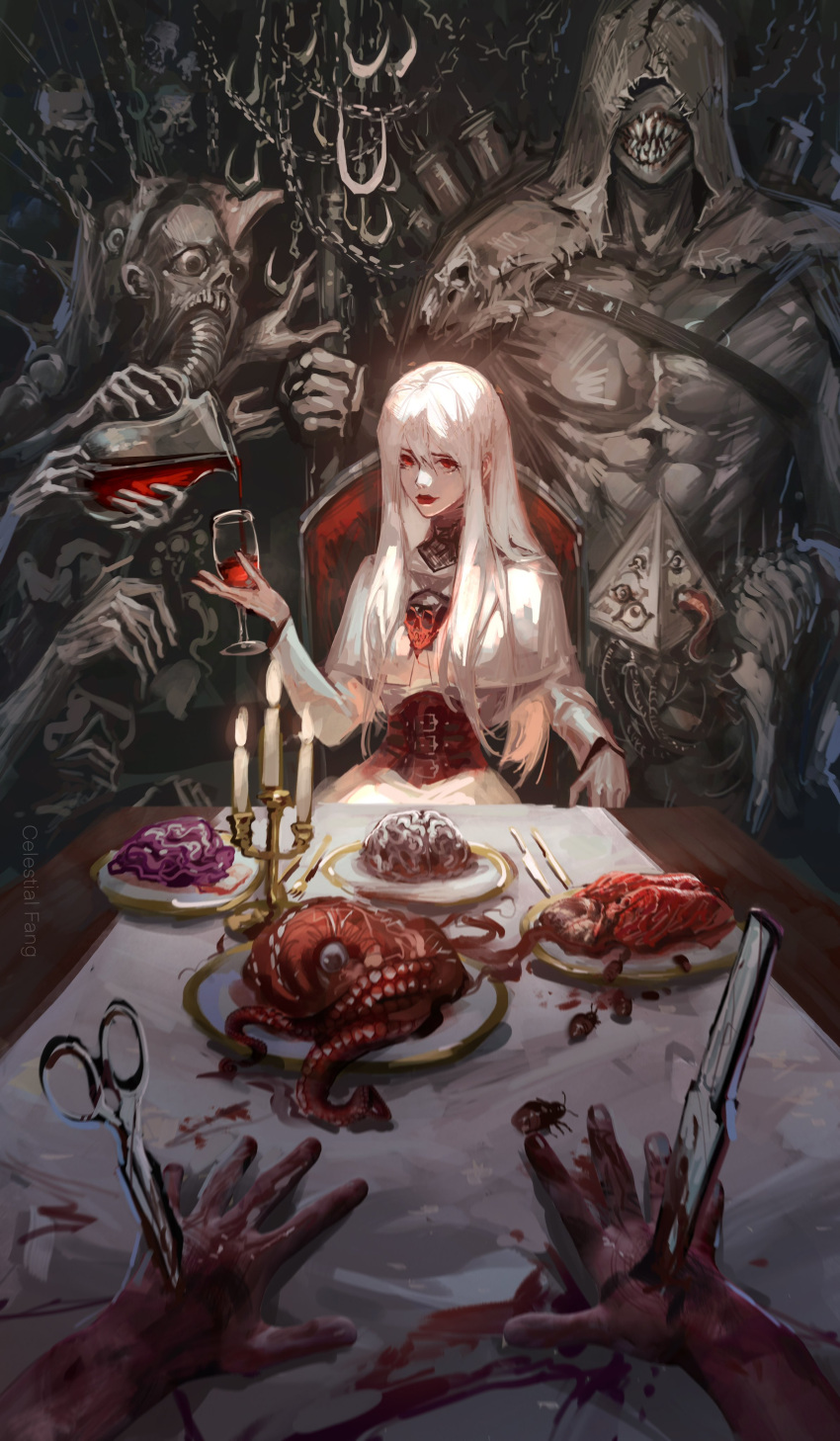1girl 2boys absurdres animal bangs blood brain bug celestial_fang chain chair closed_mouth corset creature cup dress drinking_glass food glass highres holding holding_cup horror_(theme) knife long_hair long_sleeves looking_at_viewer multiple_boys muscular muscular_male octopus original plate red_eyes red_lips scissors sharp_teeth sitting skull smile teeth white_dress wine_glass