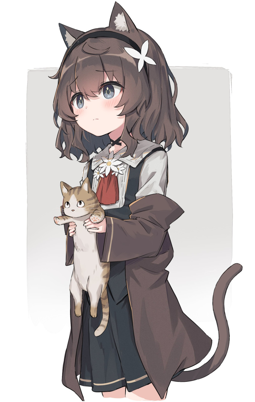 1girl absurdres animal animal_ears black_skirt black_vest brown_hair brown_jacket cat cat_ears cat_girl cat_tail check_commentary commentary commentary_request frown grey_background grey_eyes hairband highres holding holding_animal holding_cat jacket kurioshi_fio long_sleeves off_shoulder open_clothes open_jacket original satou_(3366_s) shirt short_hair simple_background skirt tail two-tone_background vest white_background white_shirt