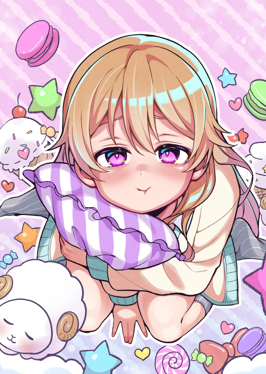 1girl absurdres bangs birthday blush candy commentary food heart highres ice_cream koaraya konoe_kanata long_hair looking_at_viewer love_live! love_live!_nijigasaki_high_school_idol_club object_hug orange_hair pillow pillow_hug pout purple_background ribbon sheep sitting solo star_(symbol) striped striped_background violet_eyes wariza