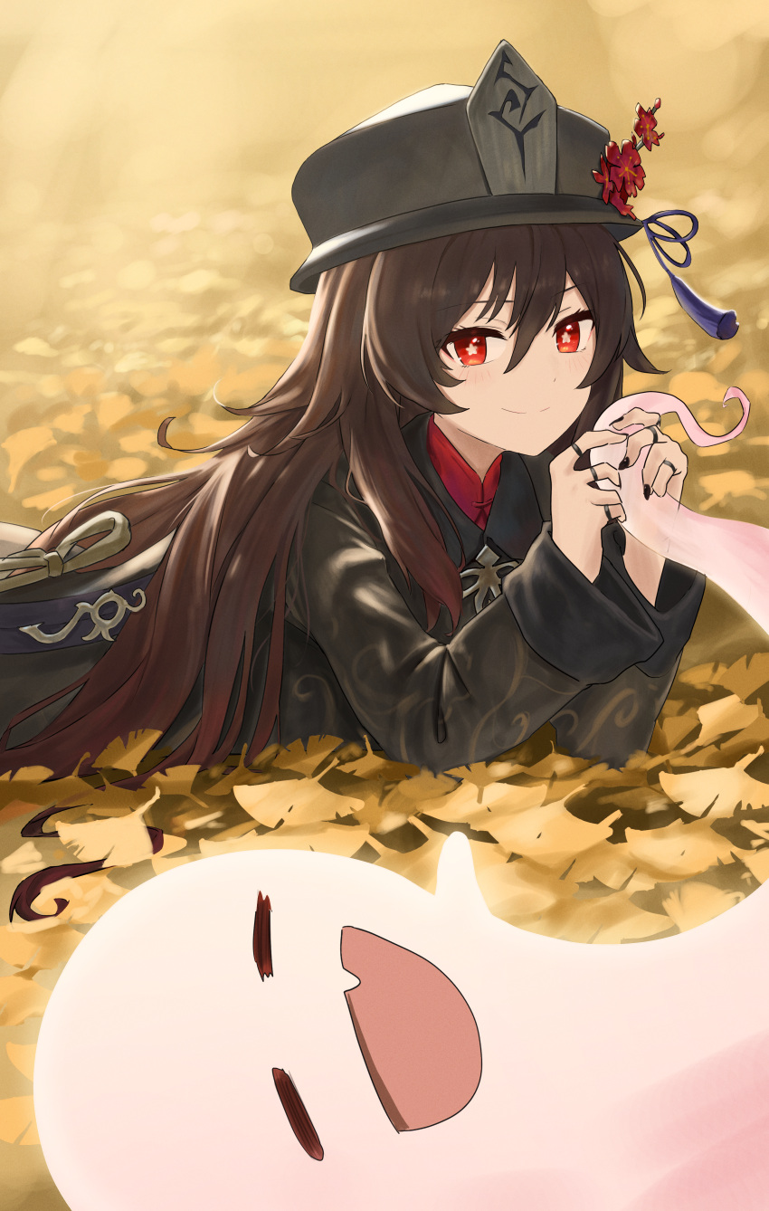 1girl absurdres autumn bangs black_coat black_headwear black_nails blush boo_tao_(genshin_impact) brown_hair chinese_clothes clip_studio_paint_(medium) closed_eyes closed_mouth coat commentary e_ga_ku fang fingernails flower flower-shaped_pupils genshin_impact ghost hair_between_eyes hat hat_flower highres hu_tao_(genshin_impact) jewelry leaf long_hair long_sleeves looking_at_viewer lying mixed-language_commentary multiple_rings open_mouth plum_blossoms porkpie_hat red_eyes red_flower ring skin_fang smile symbol-shaped_pupils tassel