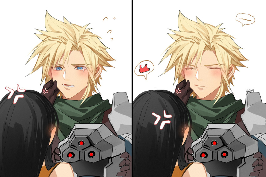 1boy 1girl angry armor black_hair blonde_hair blue_eyes blush brown_gloves cheek_pinching cloud_strife crisis_core_final_fantasy_vii duoj_ji ear_blush english_commentary final_fantasy final_fantasy_vii gloves green_scarf height_difference helmet highres holding holding_helmet long_hair looking_at_another pinching scarf shinra_infantry_uniform shoulder_armor speech_bubble spiky_hair tifa_lockhart underwear upper_body white_background