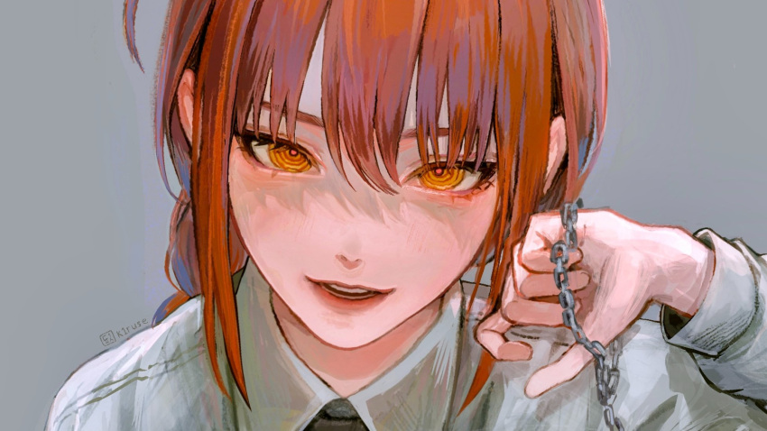 1girl black_necktie braid chain chain_leash chainsaw_man collared_shirt grey_background hair_between_eyes highres holding holding_leash k1ruse leash long_hair long_sleeves looking_at_viewer makima_(chainsaw_man) necktie orange_eyes orange_hair parted_lips ringed_eyes shirt sidelocks single_braid smile solo twitter_username upper_body white_shirt
