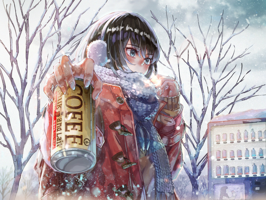 1girl absurdres bangs bare_tree black_hair blue_eyes blush cable_knit can canned_coffee clouds cloudy_sky coat duffel_coat earmuffs fingernails highres incoming_drink long_fingernails looking_away nervous original outdoors sakura_inu_(itoyatomo) scarf sky sleeves_past_wrists snow snowing solo tree vending_machine winter winter_clothes winter_coat
