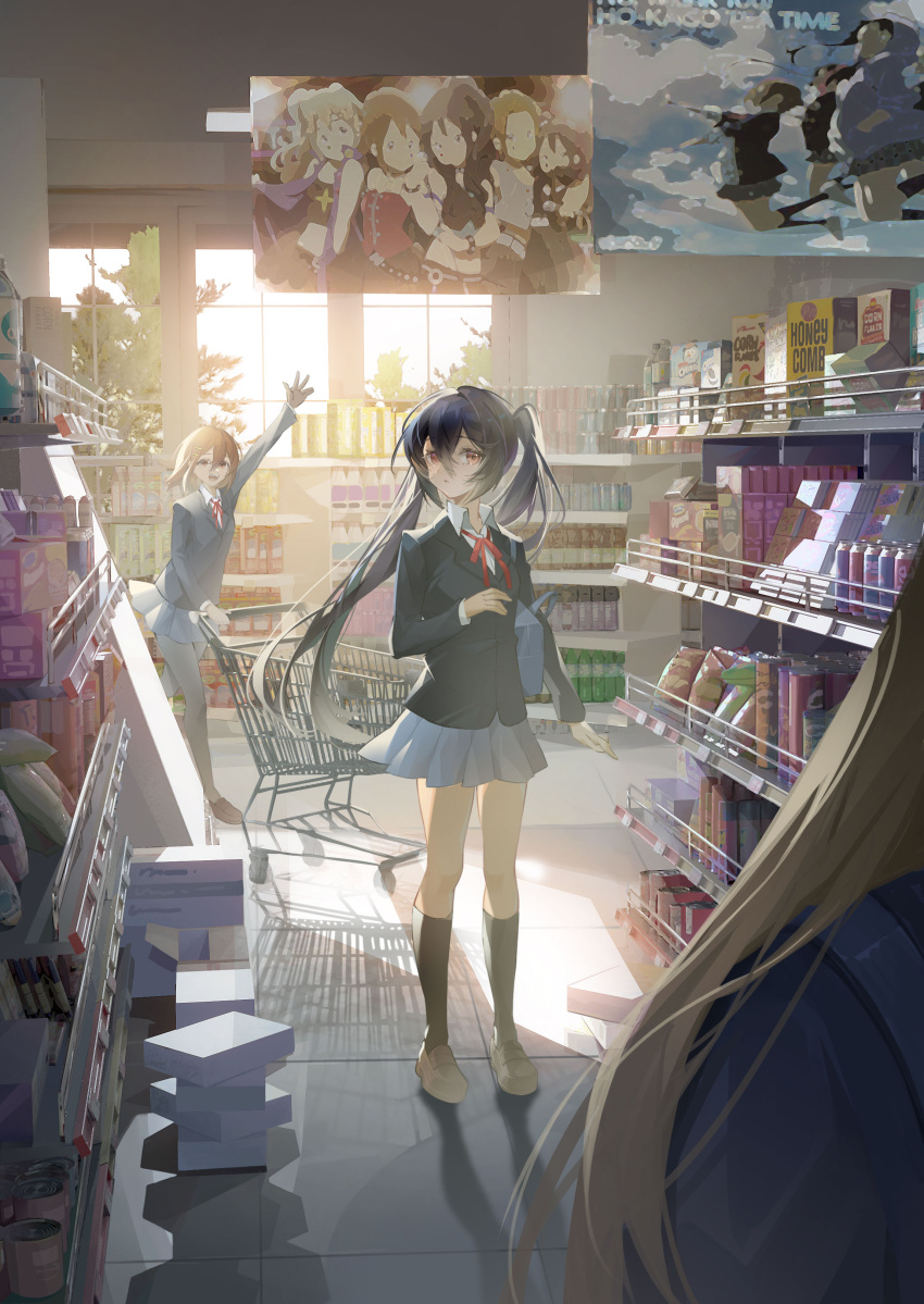 3girls absurdres akiyama_mio arm_up bag bangs black_hair black_pantyhose black_socks blazer blonde_hair blue_jacket brown_eyes brown_footwear brown_hair closed_mouth commentary convenience_store full_body guantou_shipin hair_ornament hairclip highres hirasawa_yui indoors jacket k-on! kneehighs kotobuki_tsumugi long_hair long_sleeves multiple_girls nakano_azusa neck_ribbon open_mouth pantyhose pleated_skirt red_eyes red_ribbon ribbon sakuragaoka_high_school_uniform school_bag school_uniform shadow shop shopping_cart short_hair sidelocks skirt socks solo_focus standing tainaka_ritsu teeth twintails upper_teeth_only waving winter_uniform