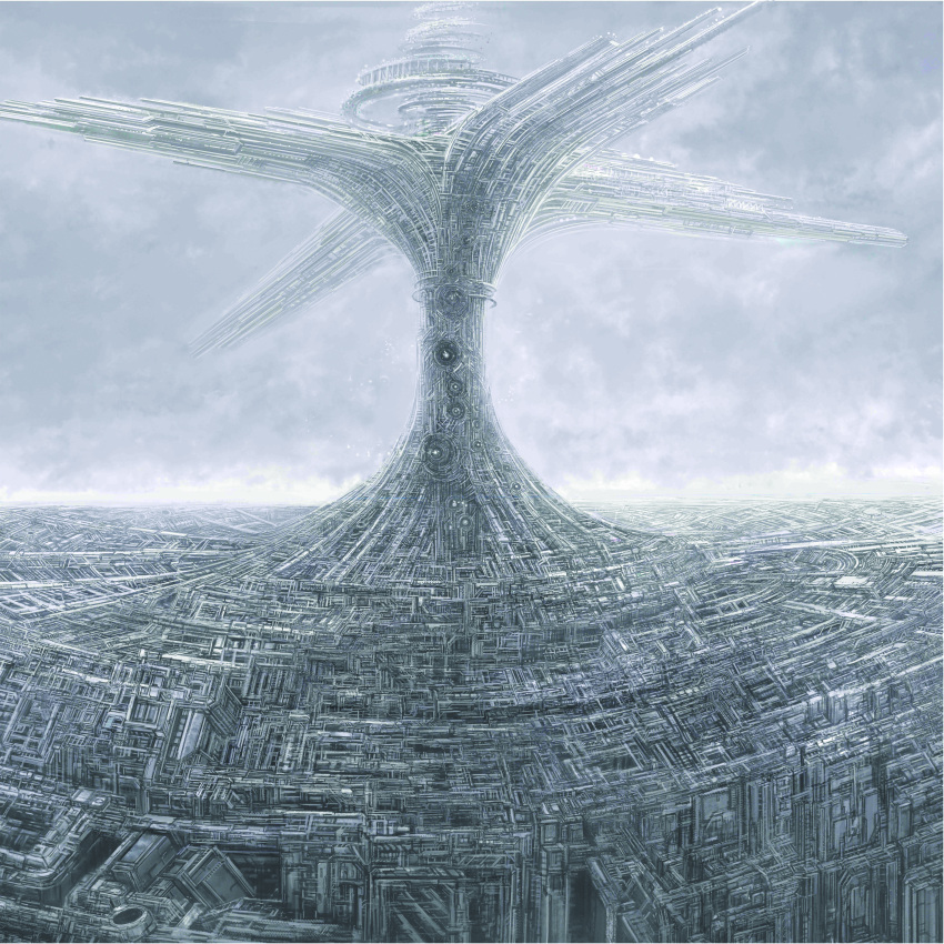 absurdres clip_studio_paint_(medium) clouds cloudy_sky commentary_request highres no_humans original scenery science_fiction sky structure tajima_haruki tower