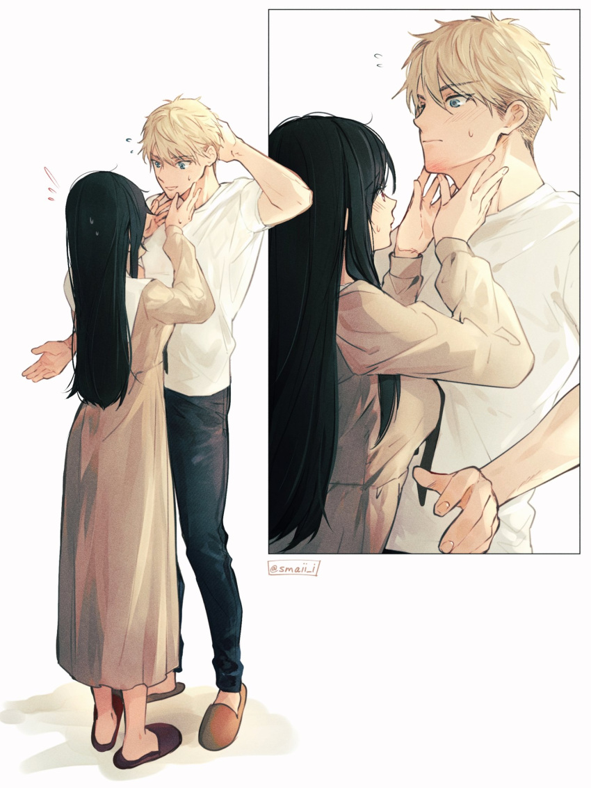 1boy 1girl arm_up black_hair blonde_hair blue_eyes blue_pants blush breasts bruise couple full_body hands_on_another's_face hands_up height_difference highres injury long_hair long_sleeves looking_at_another maiii_(smaii_i) messy_hair nightgown pants red_eyes shirt sidelocks sleepwear slippers spy_x_family standing twilight_(spy_x_family) white_background white_shirt yor_briar