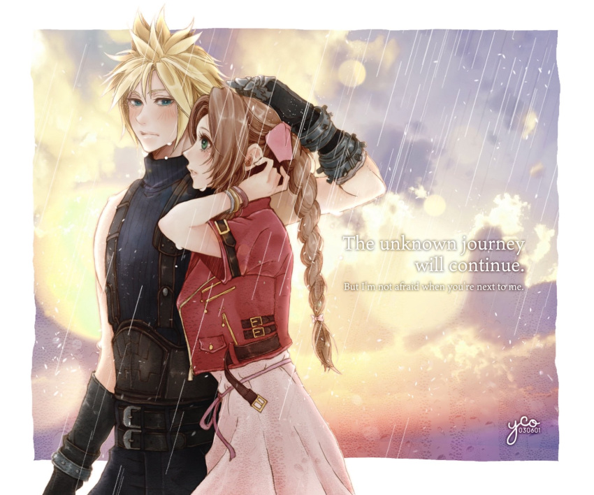 1boy 1girl aerith_gainsborough aqua_eyes artist_name bandaged_arm bandages bangle bangs belt blonde_hair blue_pants blue_shirt blush border bracelet braid braided_ponytail brown_belt brown_hair cloud_strife clouds cloudy_sky cowboy_shot cropped_jacket dress english_text final_fantasy final_fantasy_vii final_fantasy_vii_remake gloves green_eyes hair_ribbon hand_in_own_hair hand_on_another's_head highres jacket jewelry long_hair looking_at_another multiple_belts outdoors pants parted_bangs parted_lips pink_dress pink_ribbon rain red_jacket ribbon shirt short_hair short_sleeves sky sleeveless sleeveless_turtleneck spiky_hair suspenders turtleneck wet wet_hair white_border yco_030601