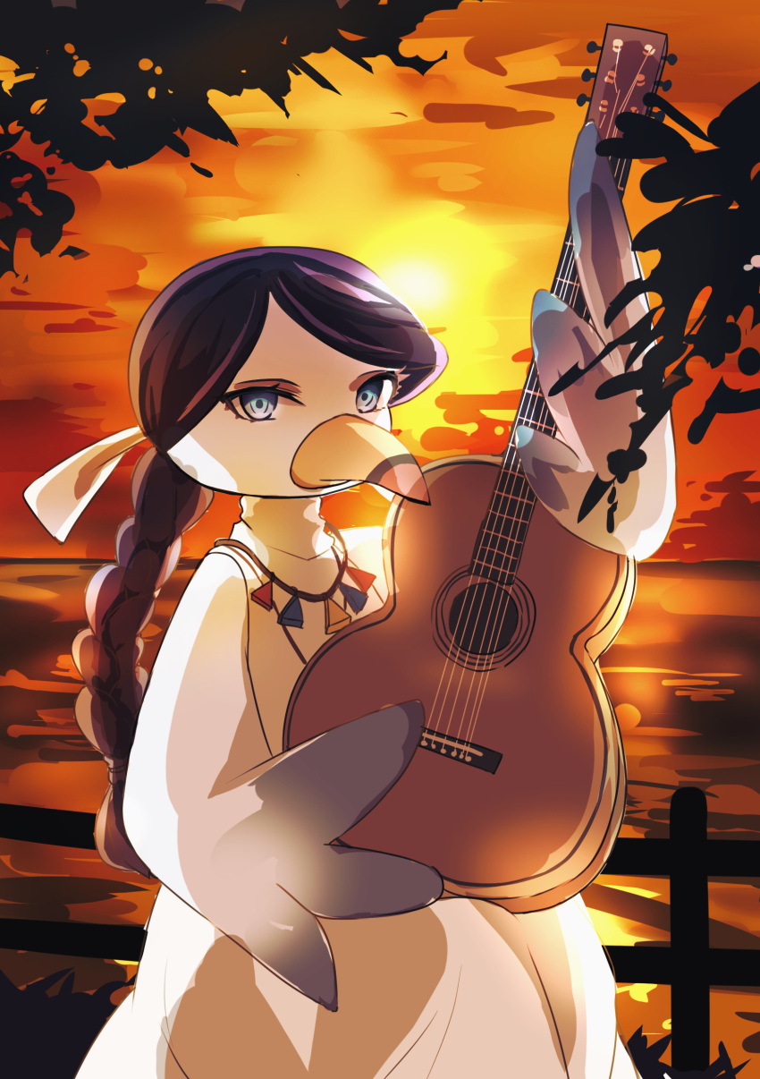 1girl absurdres animalization beak black_hair blue_eyes braid braided_ponytail character_request clouds furry guitar highres holding holding_instrument horizon instrument kamu_kotan long_hair looking_at_viewer no_humans ocean okaasan_to_issho orange_sky outdoors sky solo sunset