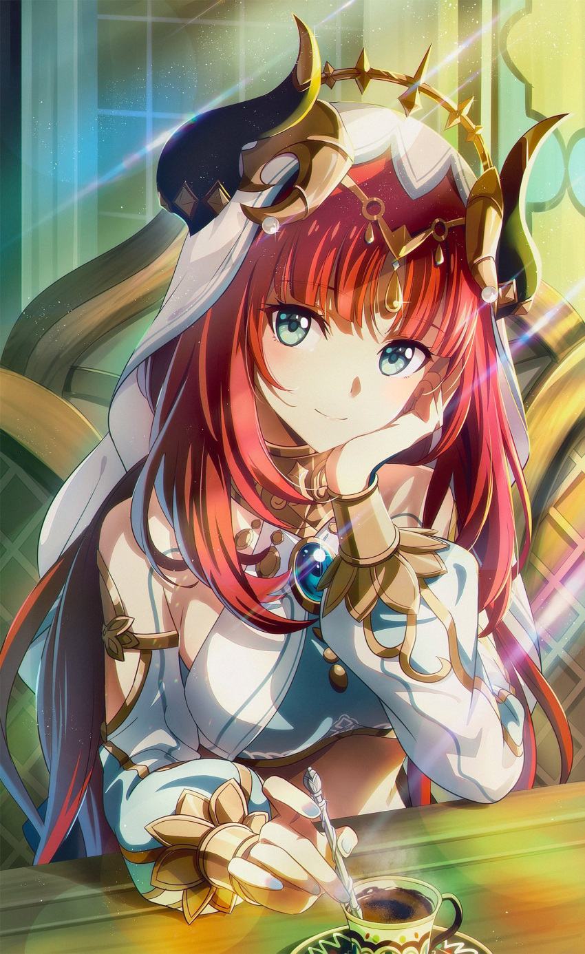 1girl absurdres aqua_eyes bangs blue_nails blush bracer brooch cheek_rest circlet closed_mouth clothing_cutout commentary crop_top cup detached_sleeves fake_horns fcc_(fengcheche) genshin_impact glint gold_trim hand_on_own_face harem_outfit head_tilt highres holding holding_spoon horns jewelry lens_flare light_particles long_hair long_sleeves looking_at_viewer low_twintails nail_polish neck_ring nilou_(genshin_impact) parted_bangs puffy_long_sleeves puffy_sleeves redhead saucer sidelighting sidelocks sitting smile solo spoon steam table tea teacup twintails upper_body veil white_headwear white_sleeves wooden_table